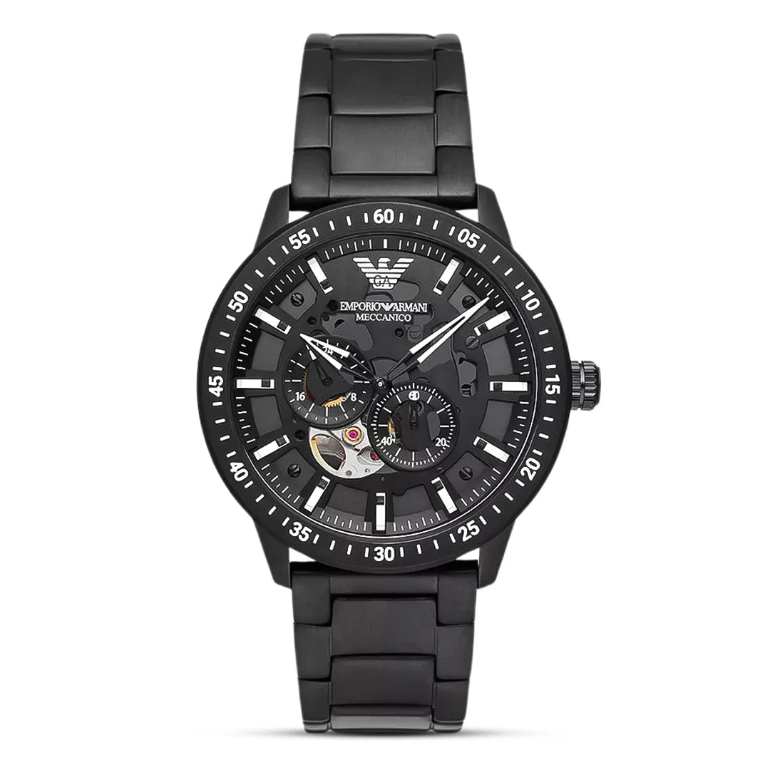 EMPORIO ARMANI AR60054 Mario Automatic Men's Watch with black skeleton dial and black stainless steel bracelet.