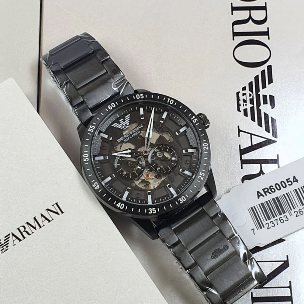 EMPORIO ARMANI AR60054 Mario Automatic Men's Watch with black skeleton dial and black stainless steel bracelet.