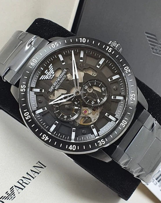 EMPORIO ARMANI AR60054 Mario Automatic Men's Watch with black skeleton dial and black stainless steel bracelet.