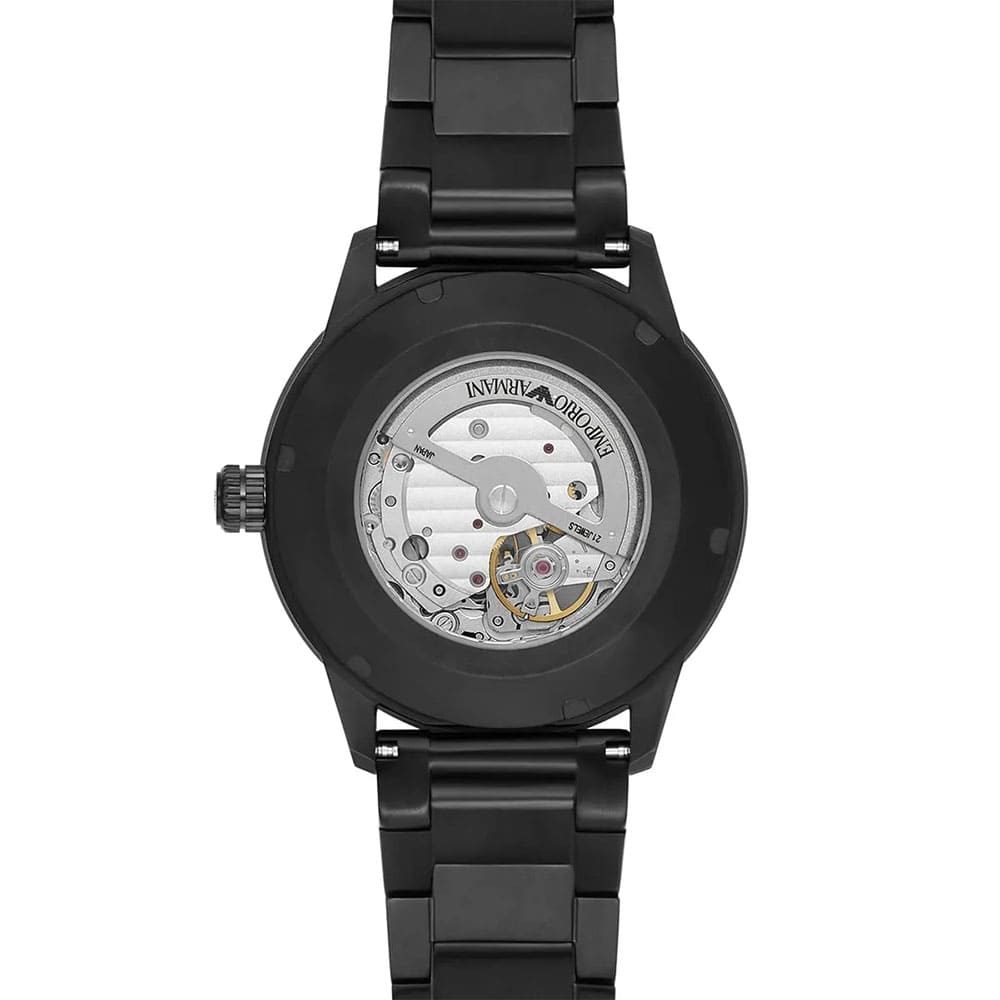 EMPORIO ARMANI AR60054 Mario Automatic Men's Watch with black skeleton dial and black stainless steel bracelet.