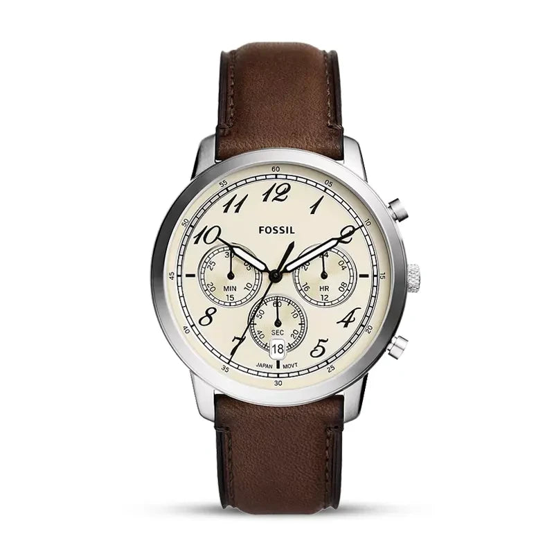 FOSSIL FS6022 Neutra Chronograph Men's Watch with cream dial, silver case, and brown leather strap.