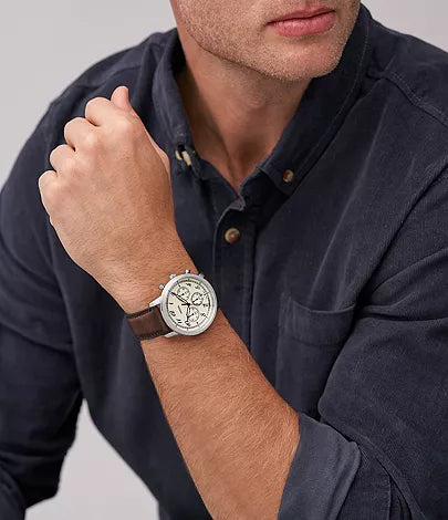 FOSSIL FS6022 Neutra Chronograph Men's Watch with cream dial, silver case, and brown leather strap.