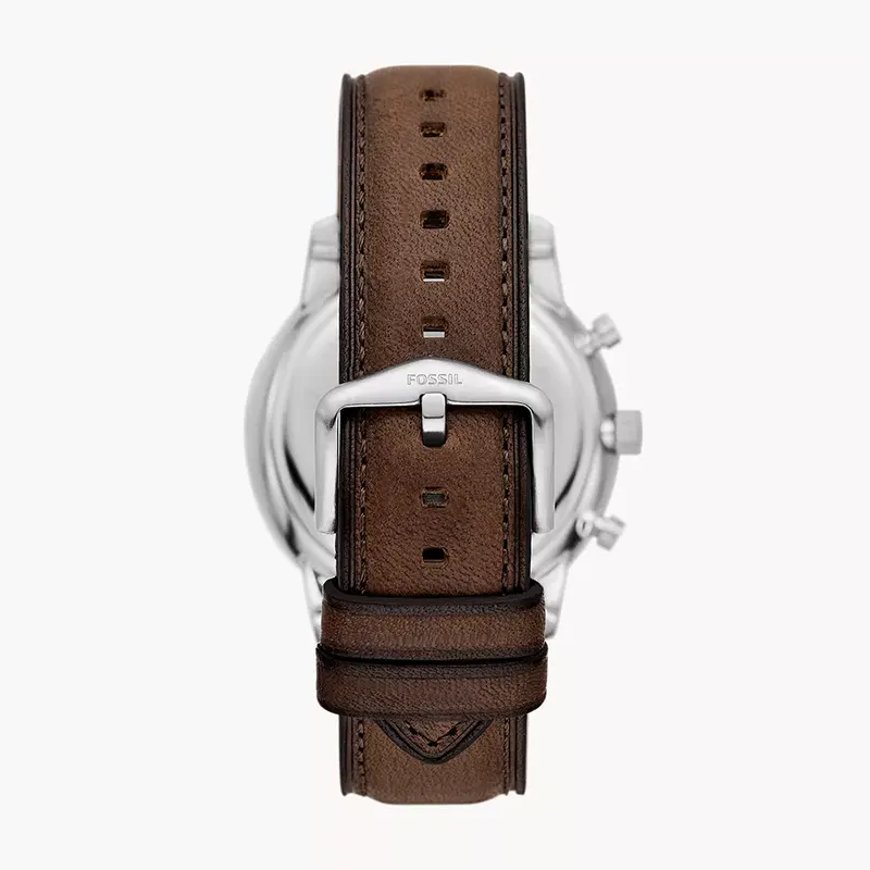 FOSSIL FS6022 Neutra Chronograph Men's Watch with cream dial, silver case, and brown leather strap.