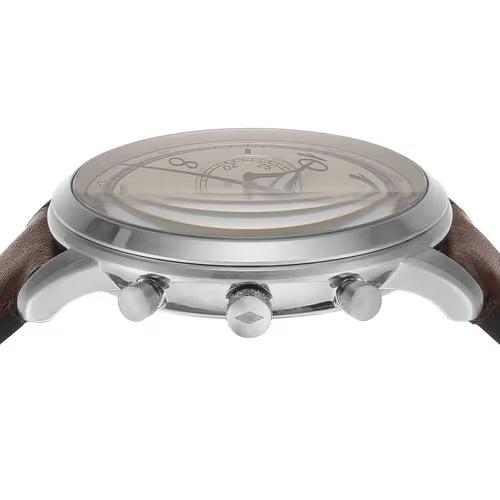 FOSSIL FS6022 Neutra Chronograph Men's Watch with cream dial, silver case, and brown leather strap.