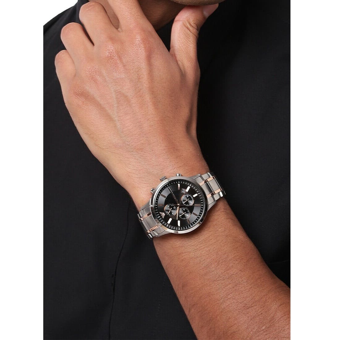 EMPORIO ARMANI AR11165 Renato Chronograph Men's Watch with black dial and two-tone (silver/rose gold) stainless steel bracelet