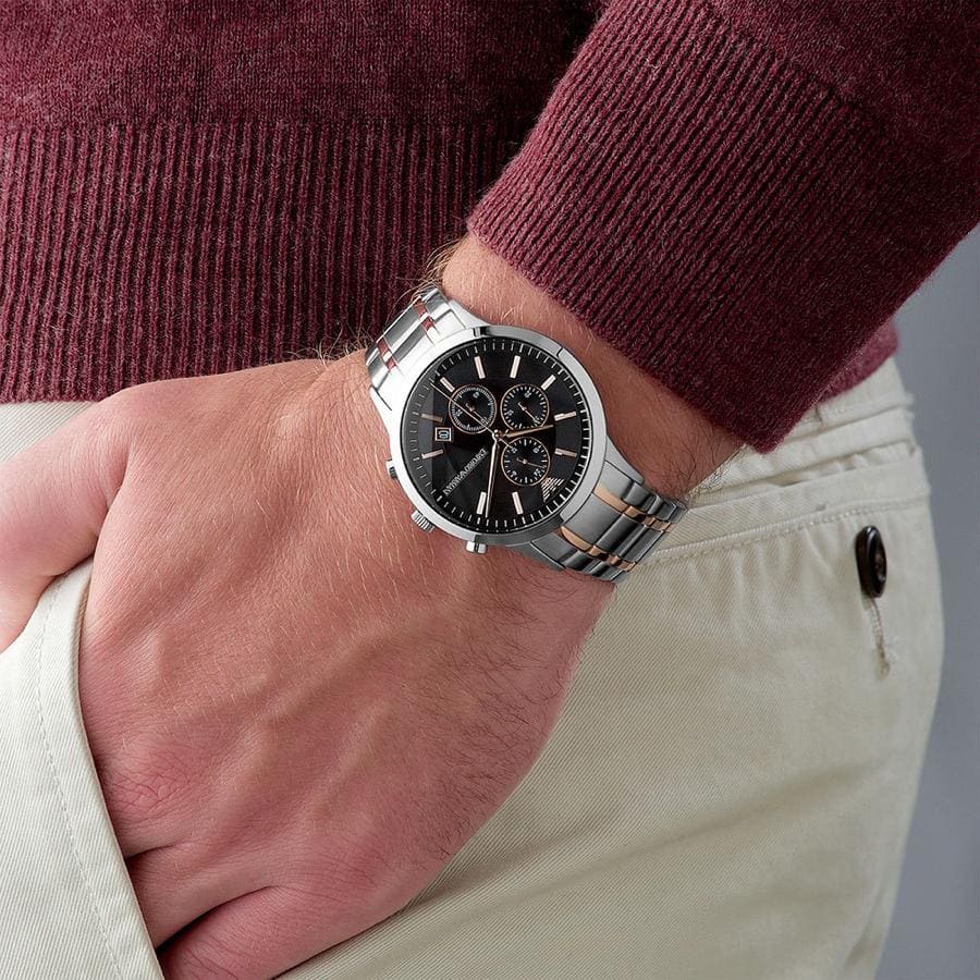 EMPORIO ARMANI AR11165 Renato Chronograph Men's Watch with black dial and two-tone (silver/rose gold) stainless steel bracelet.