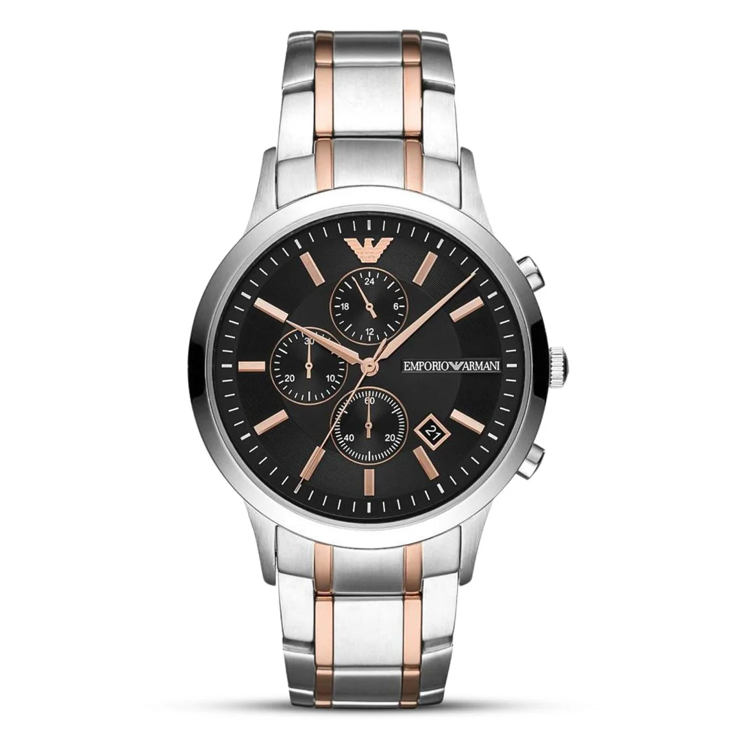 EMPORIO ARMANI AR11165 Renato Chronograph Men's Watch with black dial and two-tone (silver/rose gold) stainless steel bracelet.