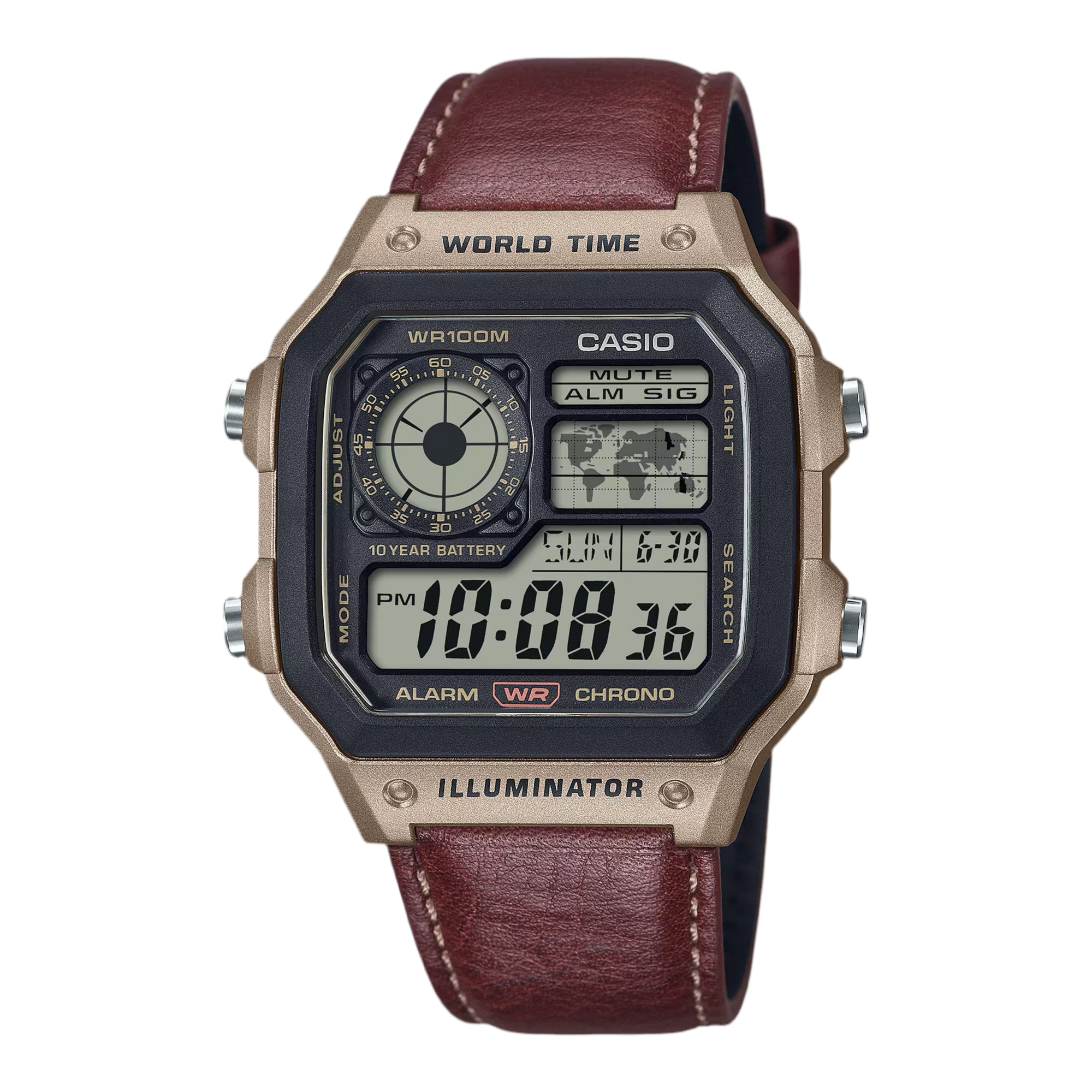 Casio AE-1200WHL “Royale Leather” World Time Digital Watch – Brown Strap