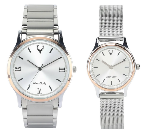 Allen Solly AS00PR08C couple set watch with silver dial, men’s stainless steel chain and women’s mesh strap