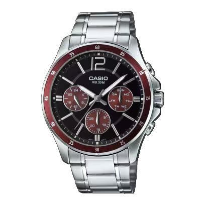 Casio 1374D-5AV men’s silver stainless steel watch with black dial, red sub-dials, and red bezel