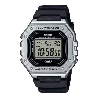 Casio 218HM-7A men’s silver stainless steel watch with white dial