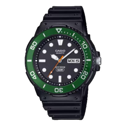 Casio MRW-230H-1E3V men’s black resin watch with black dial and green bezel