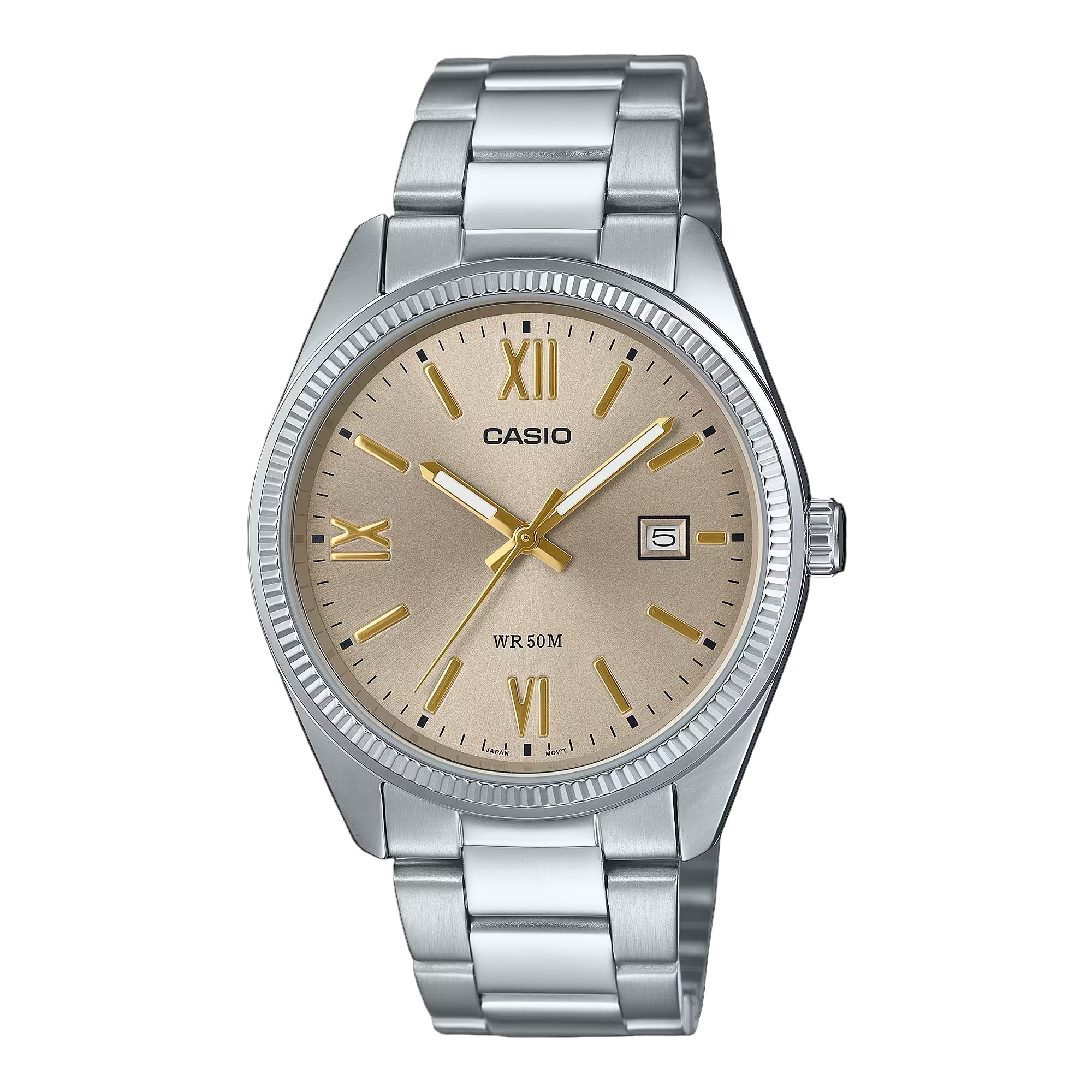 Casio MTP-1302D-9A men’s silver stainless steel watch with champagne gold dial