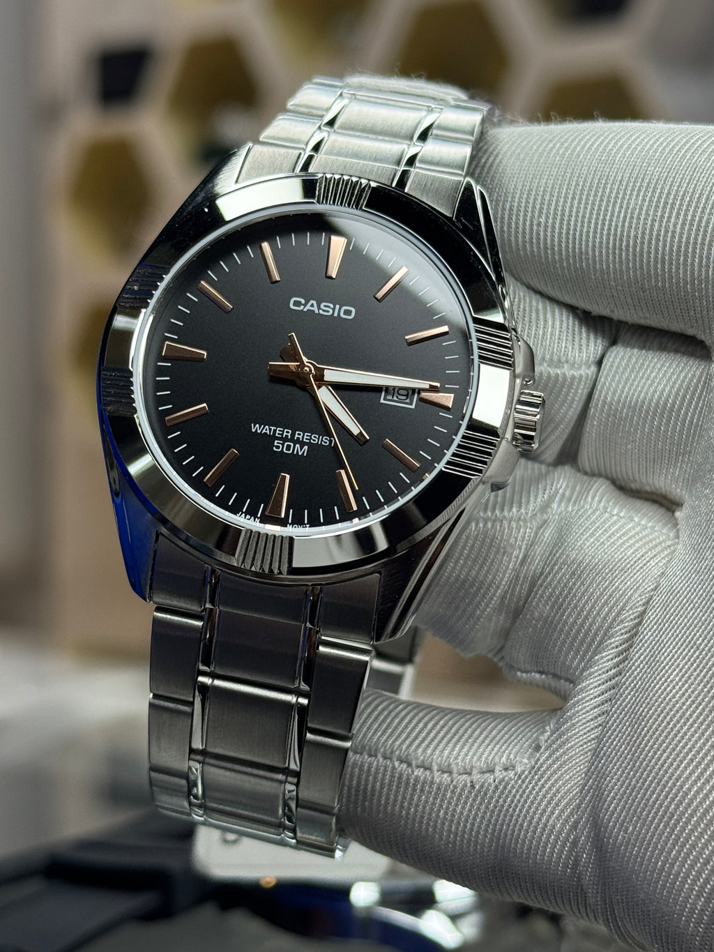 Casio MTP-1308D-1A2 men’s silver stainless steel watch with black dial