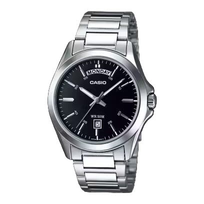 Casio MTP-1370D-1A1V men’s silver stainless steel watch with black dial