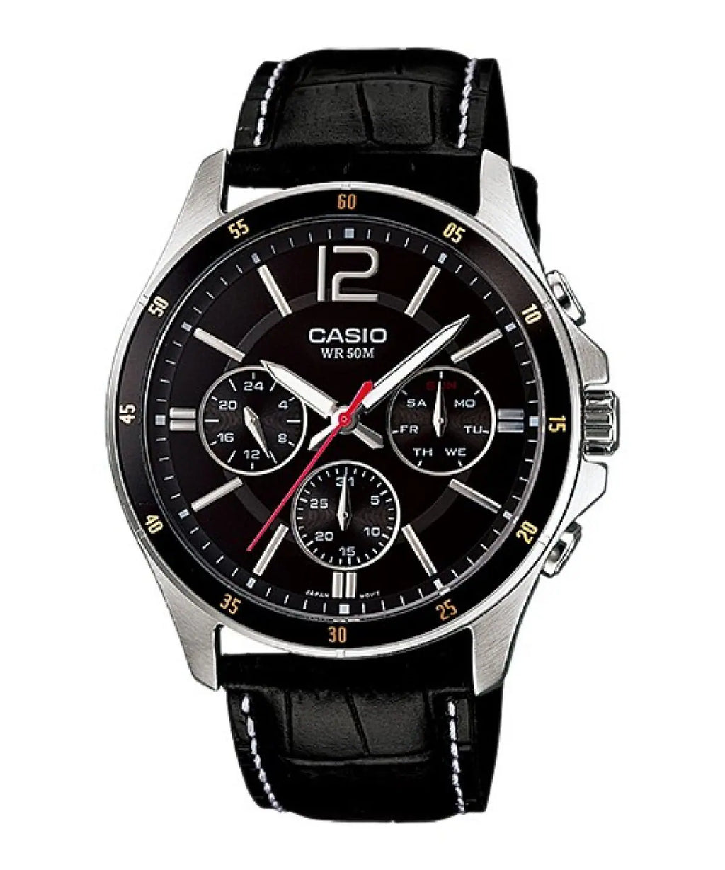 Casio MTP-1374L-1AVDF men’s watch with black dial and black leather strap