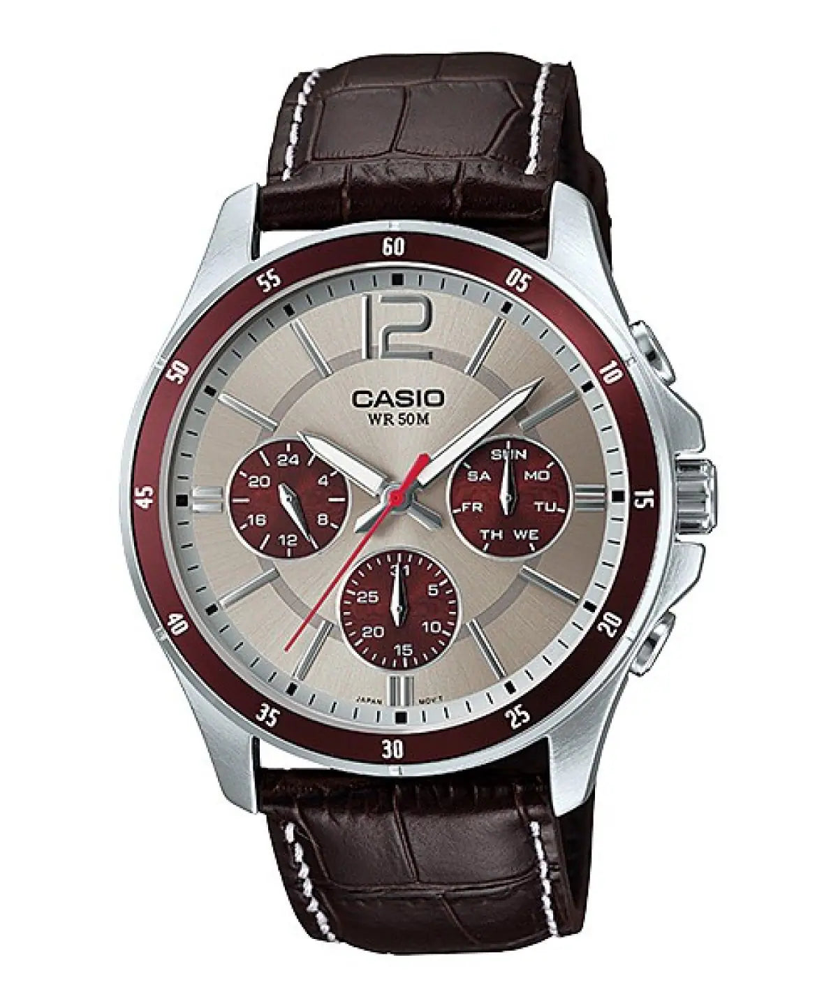 Casio MTP-1374L-7A1VDF men’s watch with silver dial, maroon bezel, and brown strap
