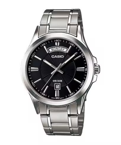 Casio MTP-1381D-1A men’s silver stainless steel watch with black dial