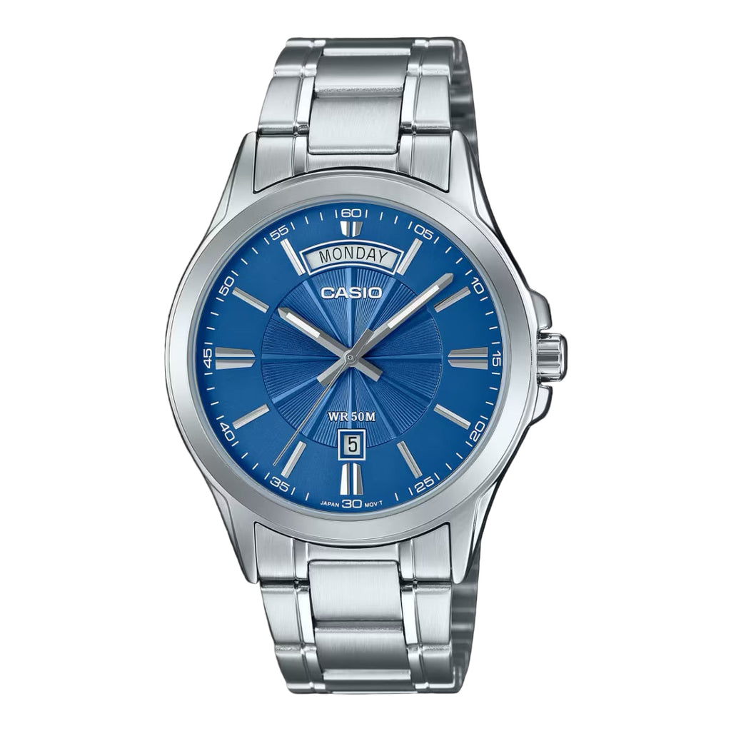 Casio MTP-1381D-2A men’s silver stainless steel watch with blue dial