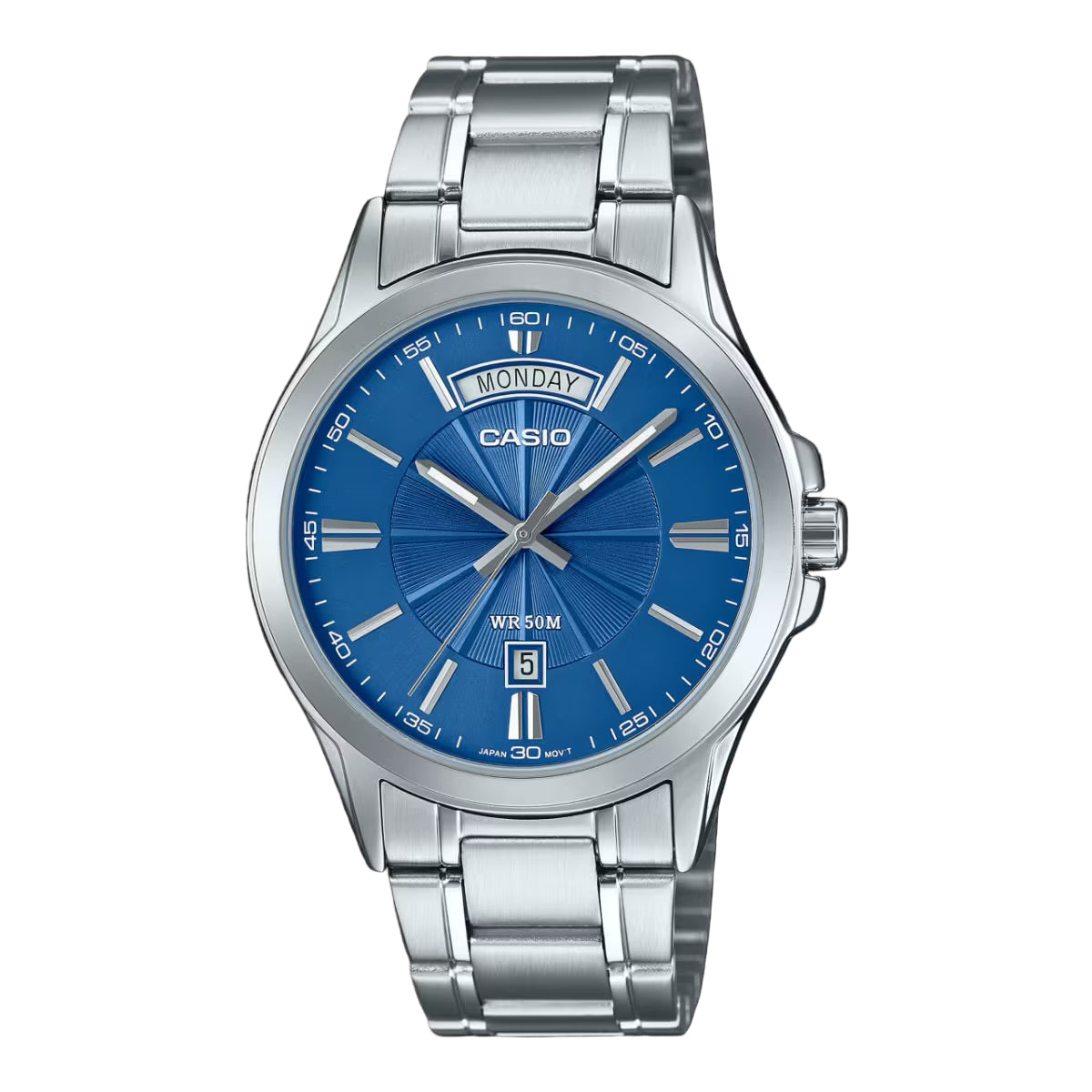 Casio MTP-1381D-2A men’s silver stainless steel watch with blue dial