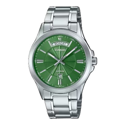 Casio MTP-1381D-3A men’s silver stainless steel watch with green dial