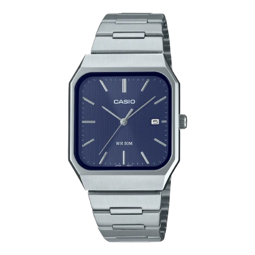 Casio MTP-B185D-2A1VDF men’s square watch with blue dial and silver bracelet