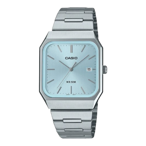Casio MTP-B185D-2A2VDF men’s silver stainless steel watch with light blue dial