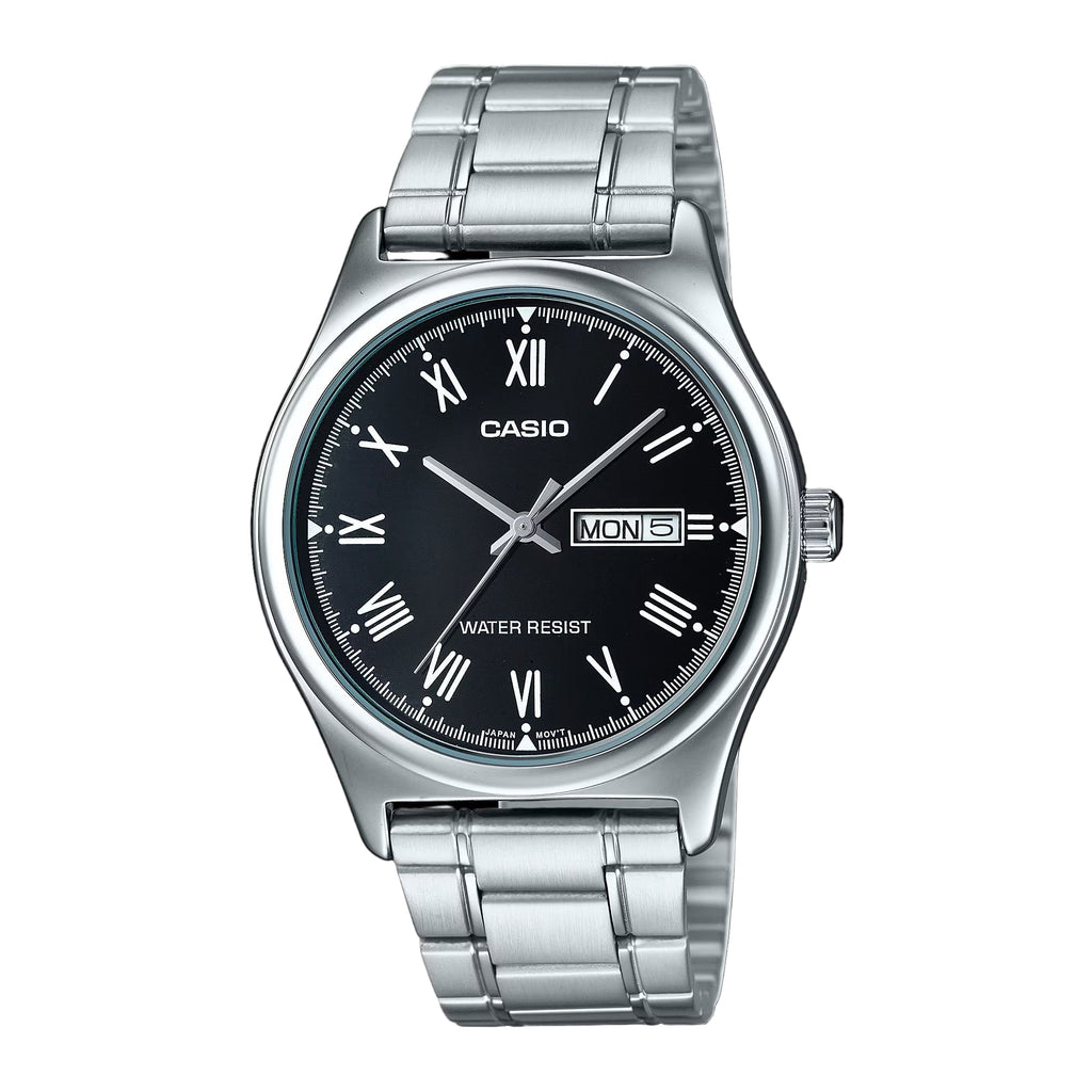Casio MTP-V006D-1B men’s silver stainless steel watch with black Roman dial