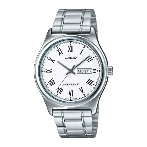 Casio MTP-V006D-7BUDF men’s stainless steel watch with white Roman numeral dial