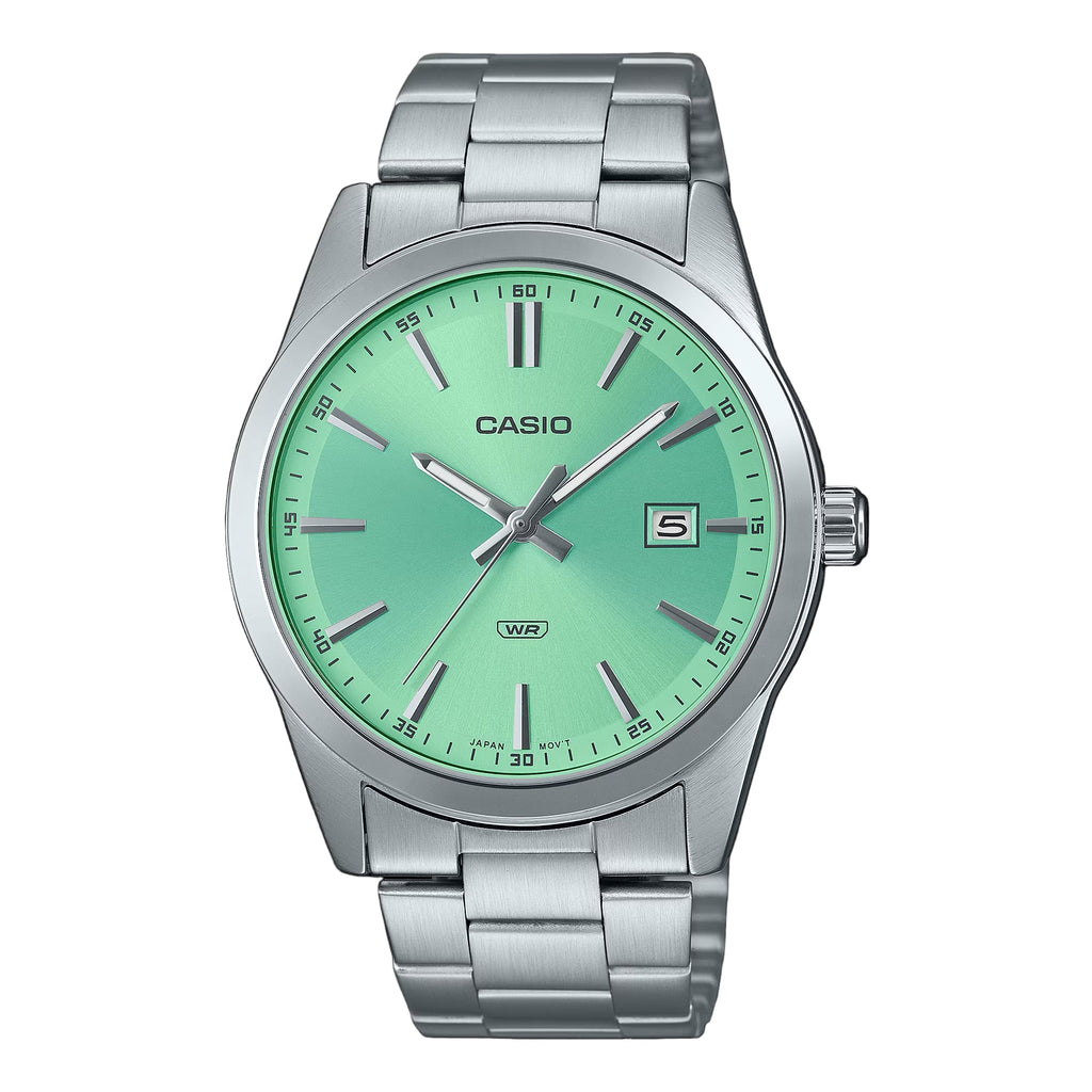Casio MTP-VD03D-3A2 men’s silver stainless steel watch with mint green dial