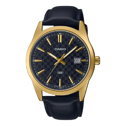 Casio MTP-VD03GL-1AUDF men’s gold case watch with black dial and leather strap
