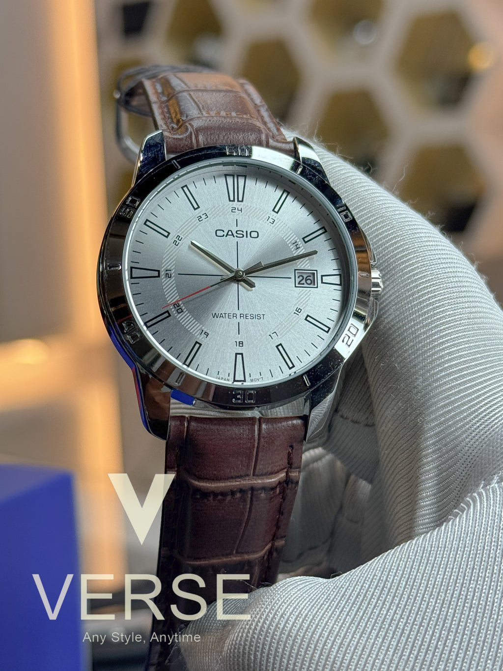 Casio V004L-7C men’s brown leather watch with white dial Bd