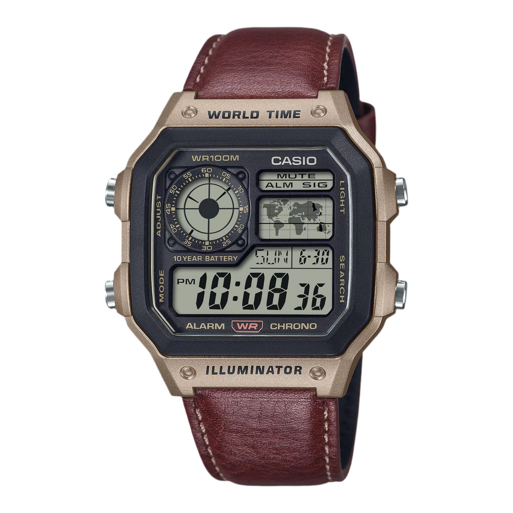 Casio AE-1200WHL “Royale Leather” World Time Digital Watch – Brown Strap