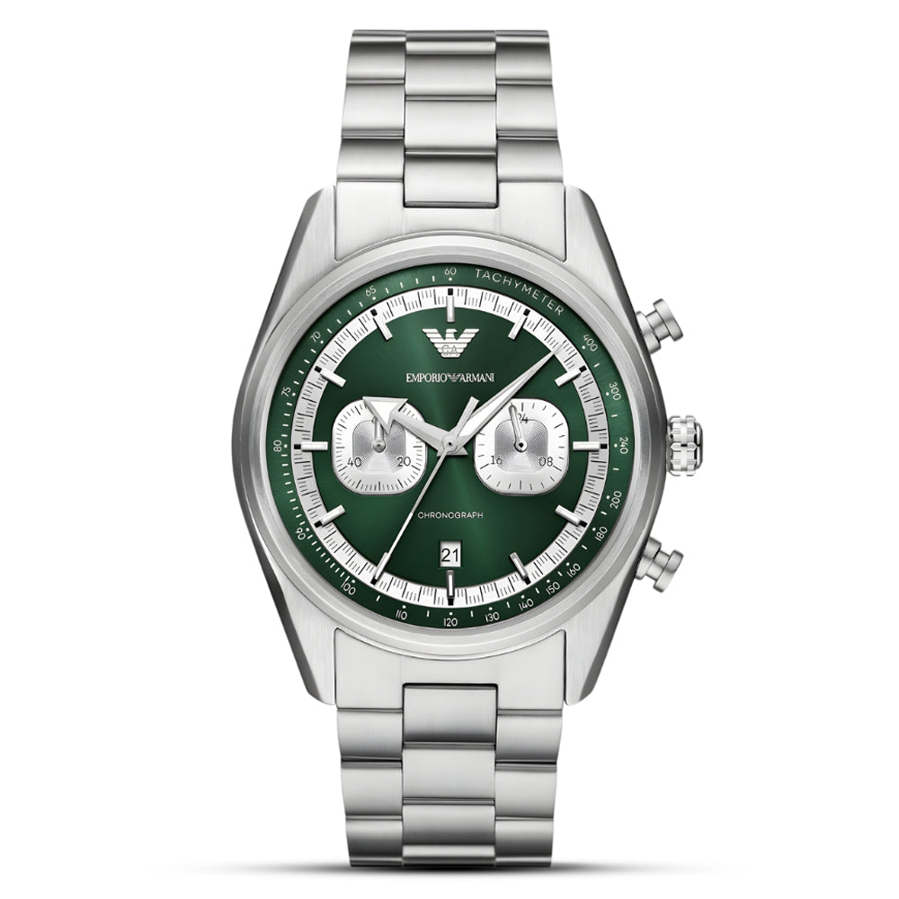 Emporio Armani AR11637 Racer chronograph men's watch with racing green sunray dial and steel bracelet