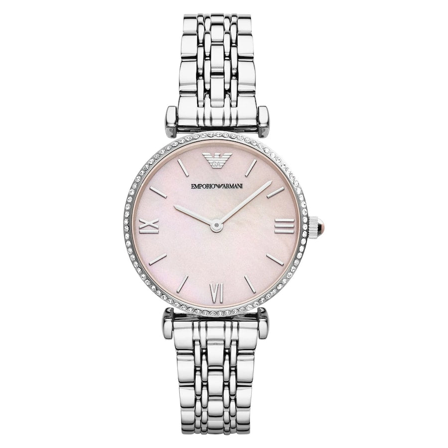 Emporio Armani AR1779 women’s watch with pink mother-of-pearl dial.