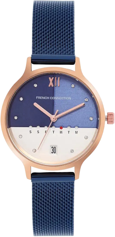 French Connection FC26URGM women’s watch with blue mesh strap and gold case