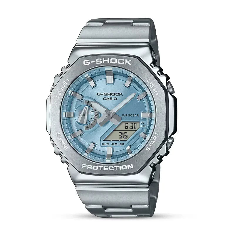 G-Shock GM-2110D-2A stainless steel watch with ice blue octagonal dial