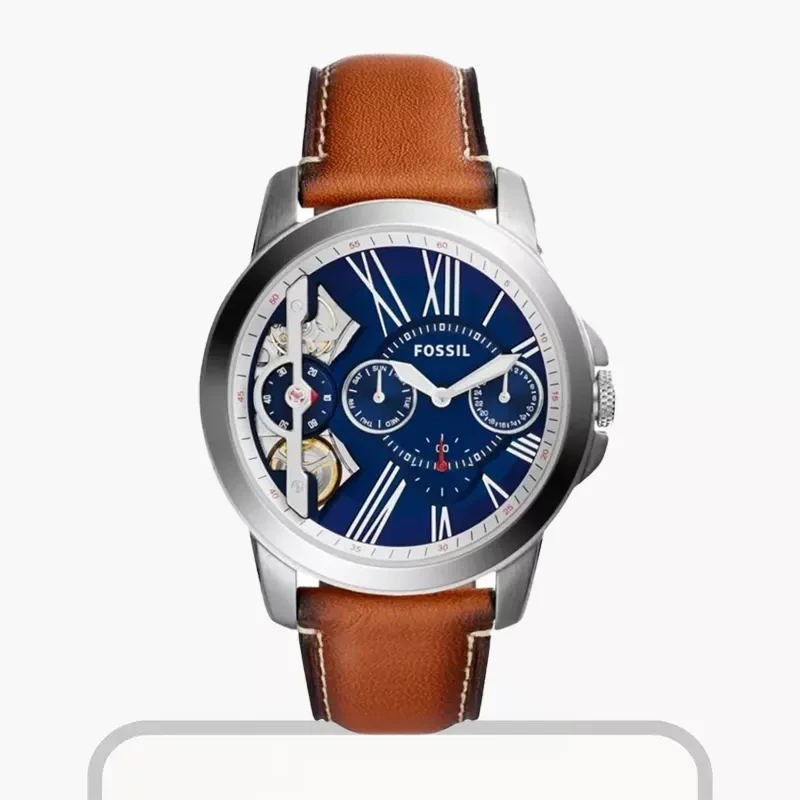 Fossil Grant ME1161 Men’s 44 mm Silver Chronograph – Navy Dial & Brown Leather