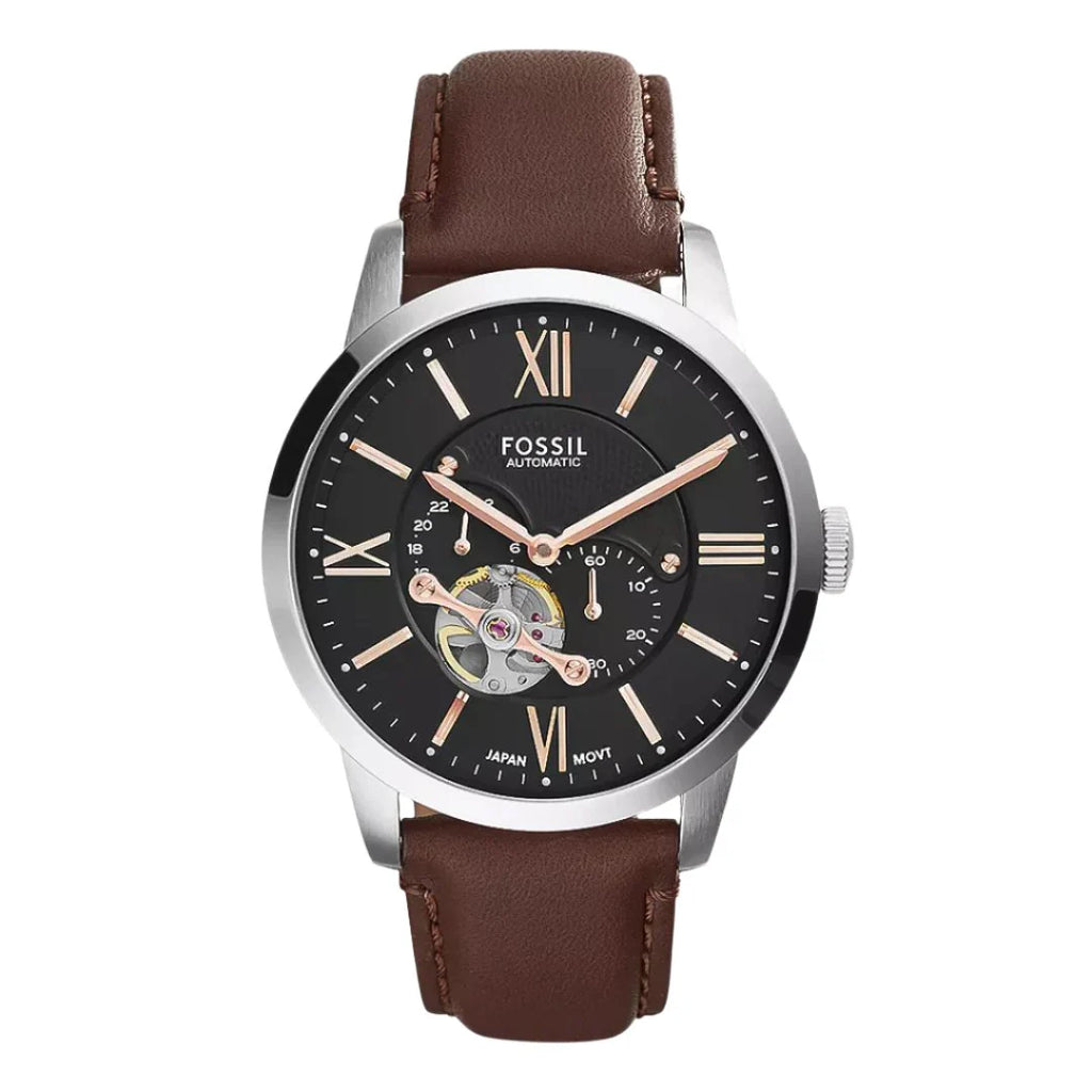 Fossil Townsman ME3061 Men’s 44 mm Automatic Skeleton Watch – Black Dial & Brown Leather