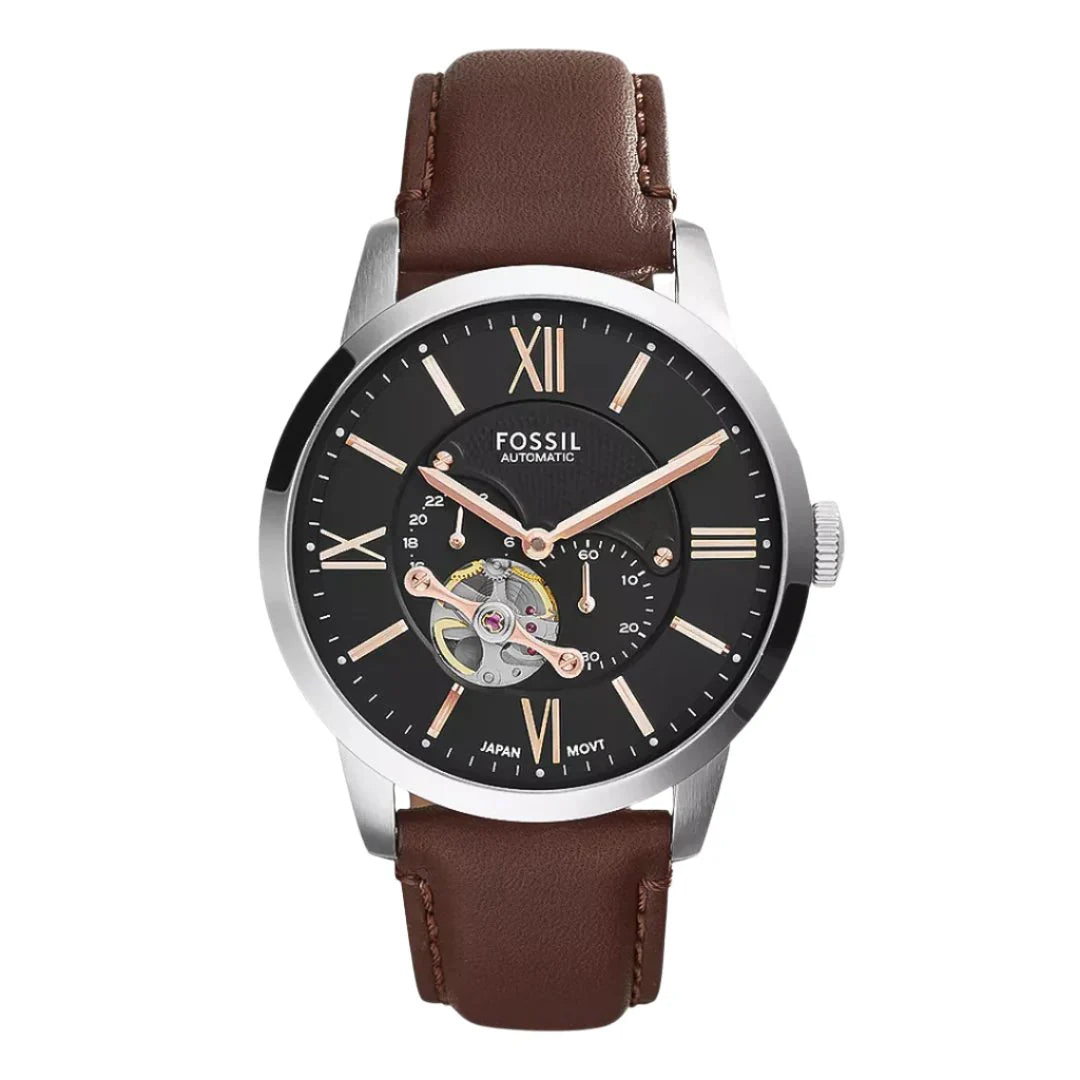 Fossil Townsman ME3061 Men’s 44 mm Automatic Skeleton Watch – Black Dial & Brown Leather