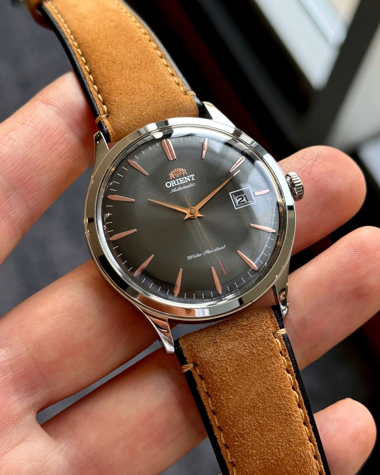Orient Bambino Version 4 Automatic Watch – Grey Sunburst Dial with Rose Gold Markers (FAC08004D0)