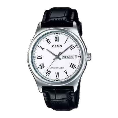 Casio V006L-7B Men’s 38 mm Quartz Analog Watch – White Dial & Black Leather Strap