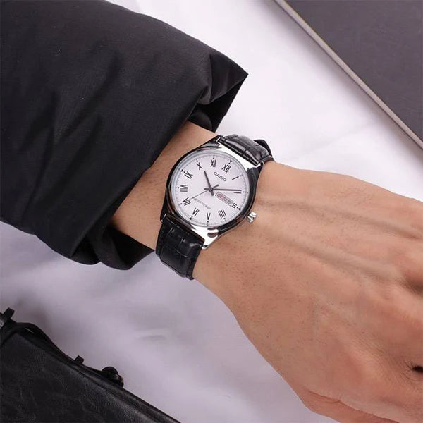 Casio V006L-7B Men’s 38 mm Quartz Analog Watch – White Dial & Black Leather Strap