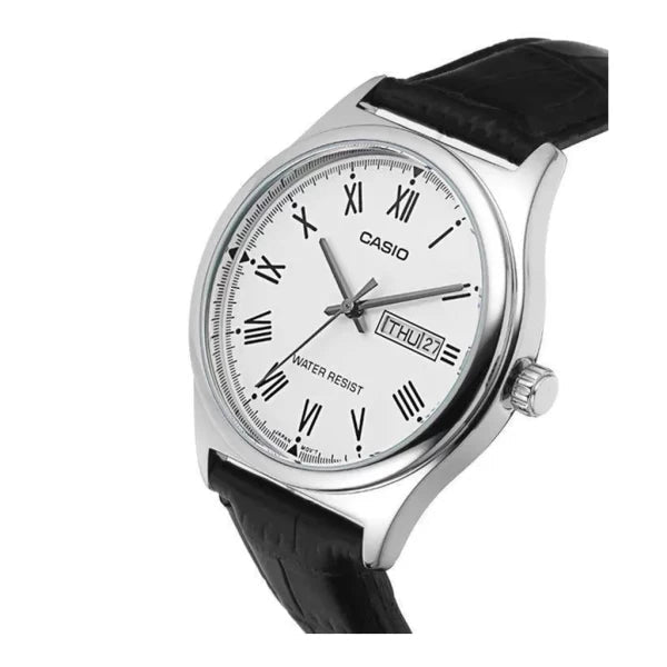Casio V006L-7B Men’s 38 mm Quartz Analog Watch – White Dial & Black Leather Strap