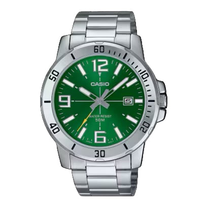 Casio VD01D-3B Men’s 42 mm Quartz Analog Watch – Green Dial & Stainless Steel Bracelet