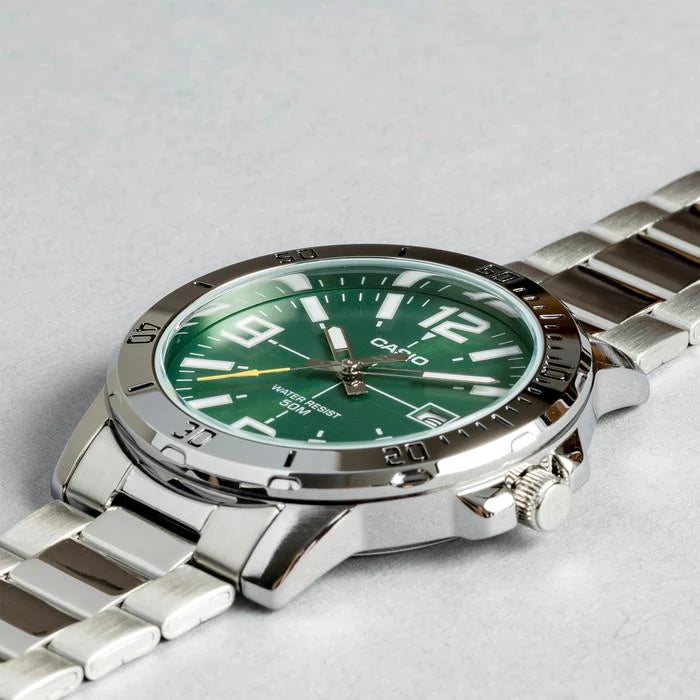 Casio VD01D-3B Men’s 42 mm Quartz Analog Watch – Green Dial & Stainless Steel Bracelet