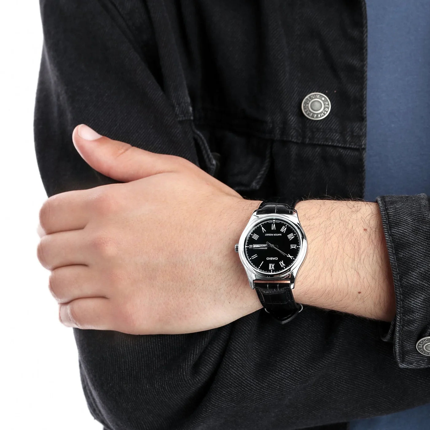 Casio V006L-1B Men’s 40 mm Quartz Analog Watch – Black Dial & Leather Strap
