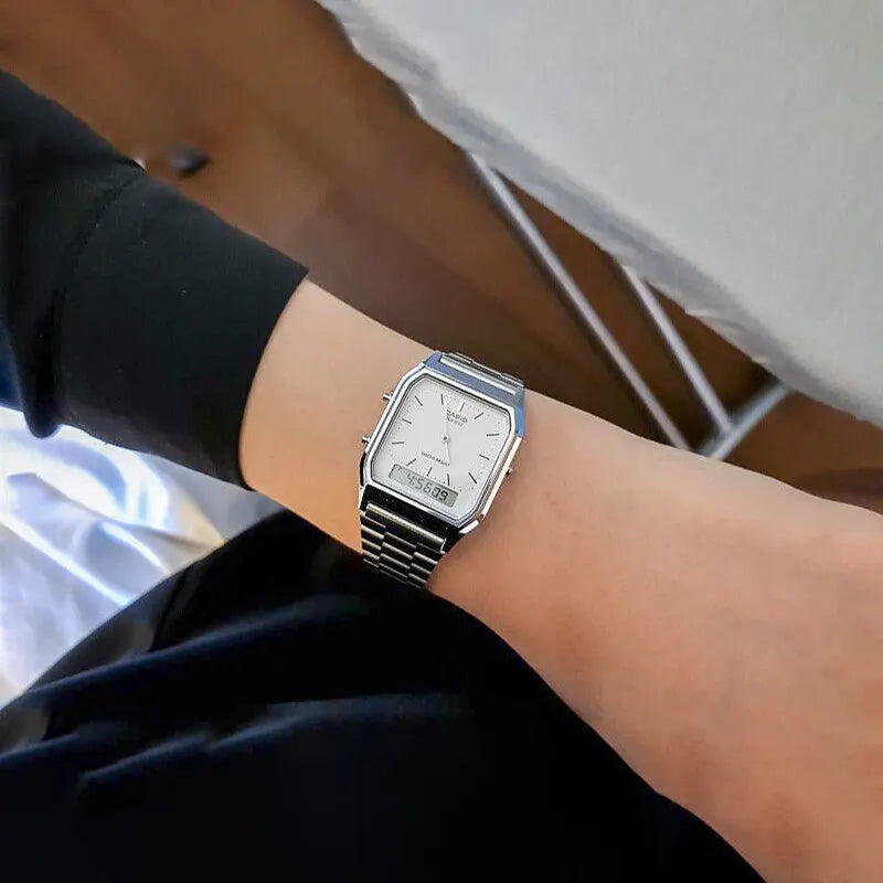 Casio AQ-230A-7DMQ Men’s 34 mm Quartz Analog-Digital Watch – White Dial & Stainless Steel Bracelet