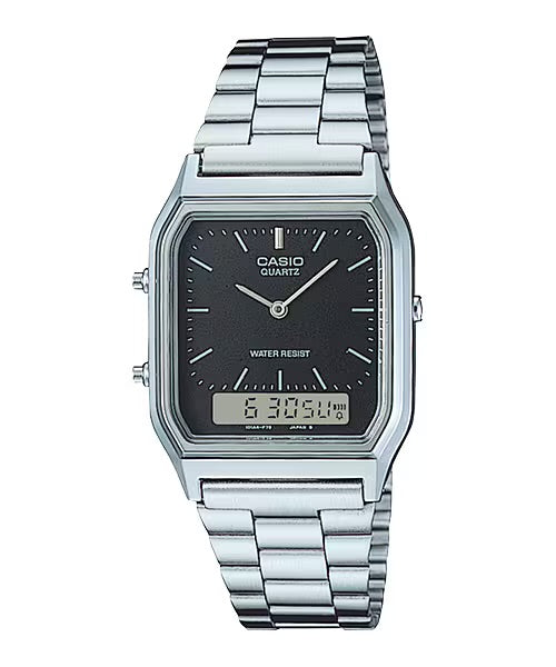 Casio AQ-230A-1DMQ men’s analog-digital watch with black dial and stainless steel bracelet – retro quartz timepiece available in Bangladesh (BD).
