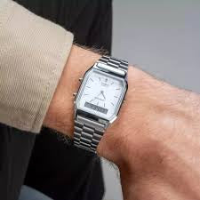 Casio AQ-230A-7DMQ Men’s 34 mm Quartz Analog-Digital Watch – White Dial & Stainless Steel Bracelet